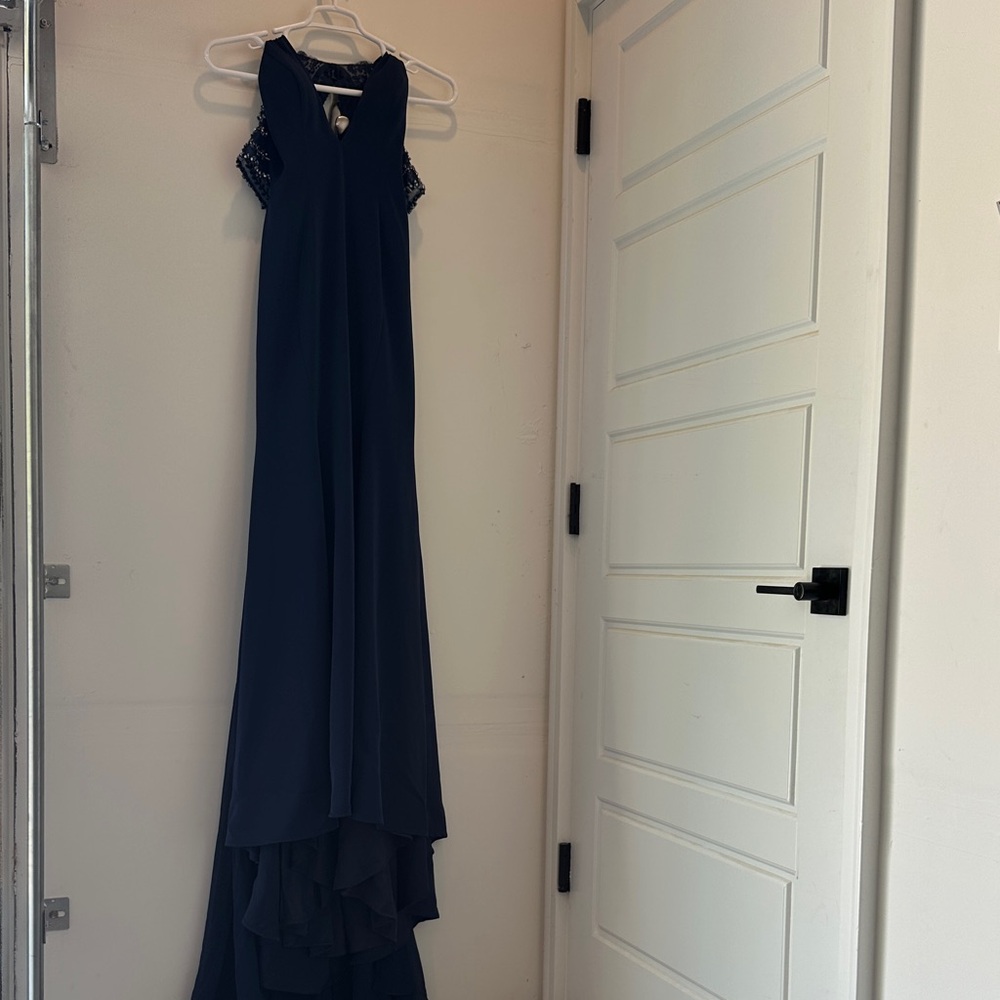 Elegant Navy Blue beaded shoulder & back Evening Gown with train cape